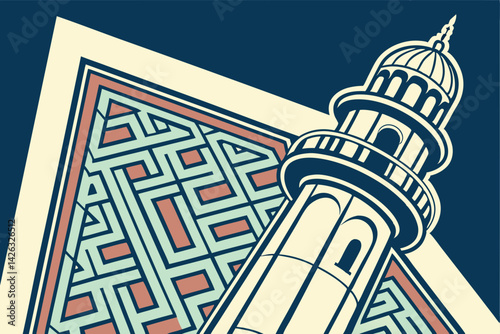 Graphic illustration of a mosque minaret with geometric patterned background design