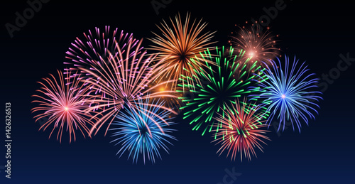 Vector decorative border with colorful exploding fireworks in the sky - celebration card, festival banner