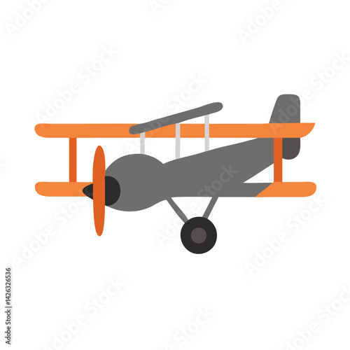 Vintage Biplane Illustration: Orange and Grey Retro Airplane on Black Background