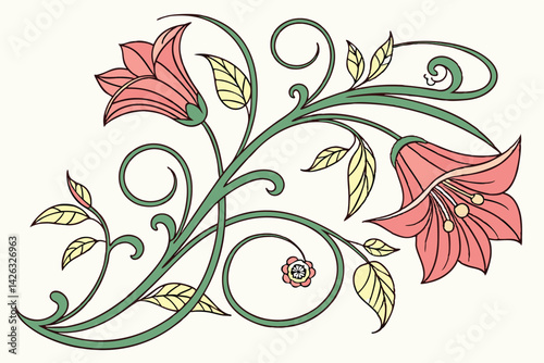 Ornamental floral design with pink flowers and green leaves vintage art nouveau