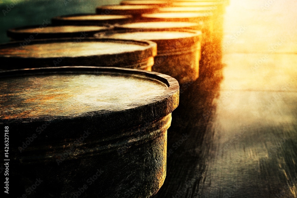 Fototapeta premium Rows of dumbbells lined up in the gym catch the morning sunlight