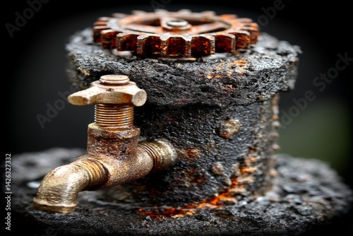 Rusty mechanical valve with gears showing signs of wear located in an industrial setting