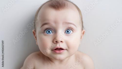 A baby with blue eyes and a surprised expression.