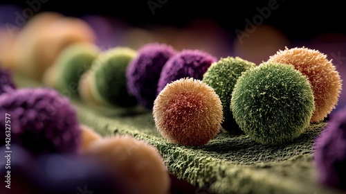 food safety contamination health. Fuzzy Spherical Microscopic Organisms on a Textured Surface Under Deep Microscope Magnification.
