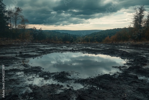 Reflections in a muddy puddle under a cloudy sky in a tranquil natural landscape at dusk