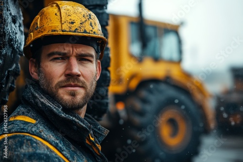 Construction worker taking a break in rainy conditions wearing a hard hat and work jacket on a job site