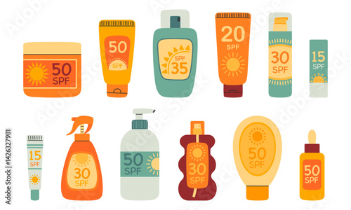 Set of sunscreen products. SPF protection and sun safety concept. SPF sunblock summer cosmetic lotion, cream, spray, lipstick. Hand drawn vector illustration isolated on white background