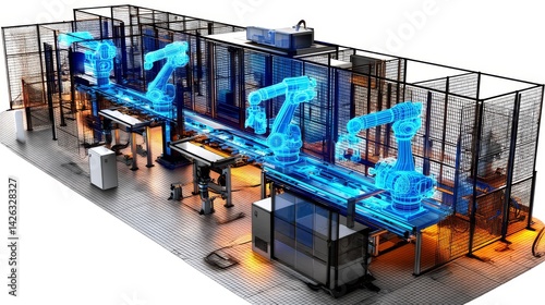 Futuristic robotic press station utilizing AI and holograms for innovative manufacturing processes