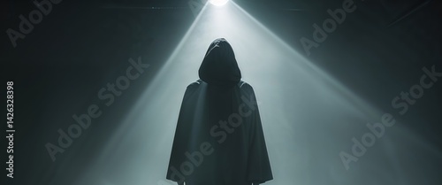 Mysterious figure in dark hood spotlight dramatic image