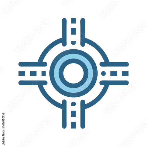 Blue Roundabout Icon on Black Background: Road Junction and Traffic Flow