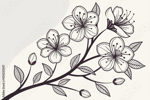 Elegant cherry blossom branch with buds line art floral vector illustration