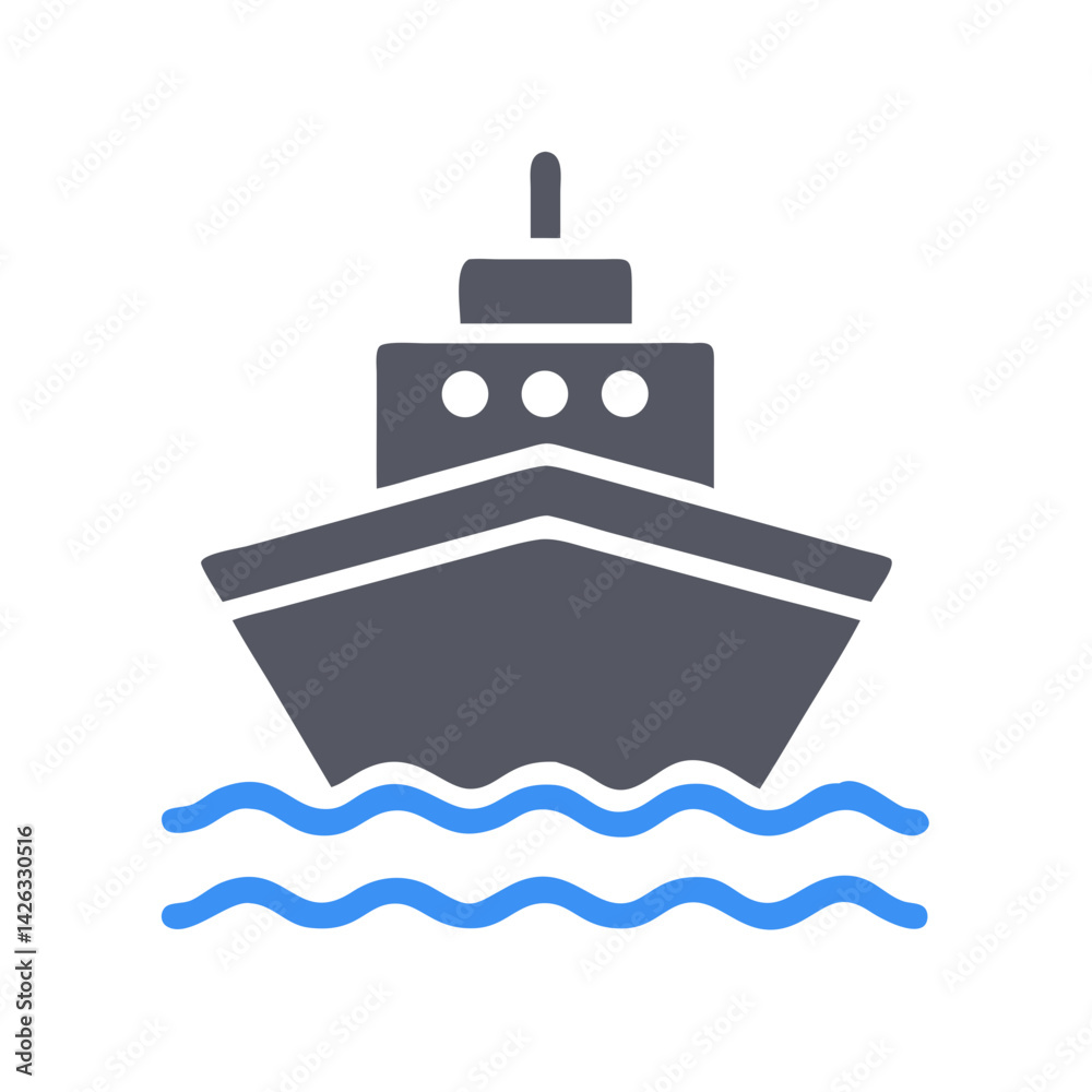Simplified Boat Icon on Water with Waves Illustration on Black Background Simplified Boat Icon on Water with Waves Illustration on Black Background
