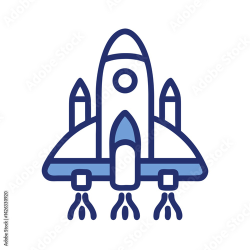 Fototapeta Naklejka Na Ścianę i Meble -  Illustration of a Blue Cartoon Rocket Ship Launching on Black Background