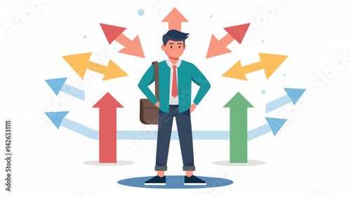A student stands alone with multiple arrows pointing towards them each labeled with a different major and the weight of average student debt.. Vector illustration