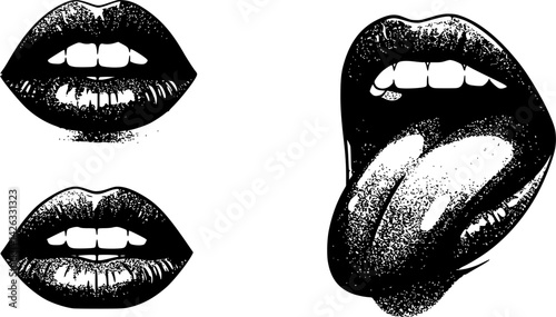 mouth set with grunge elements. Halftone lips for banner, graphic, poster, illustration. Vector set of scream, kiss, smile, tongue, open mouth. 