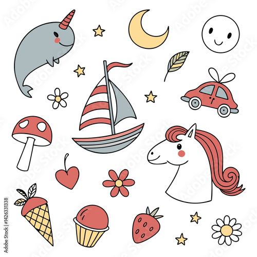 Seamless Vector Pattern With Cute Cartoon Animals And Holiday icons For Happy Celebrations Color Pencil Drawing