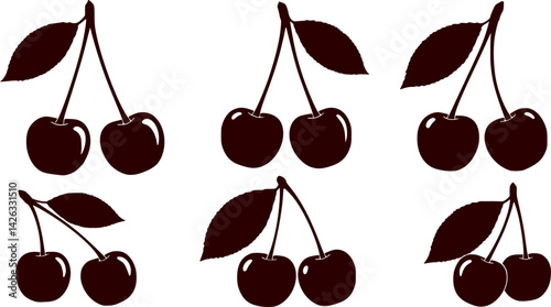 Set of Dark  shiny Red cherries vector, fresh cherry fruit illustration silhouette 