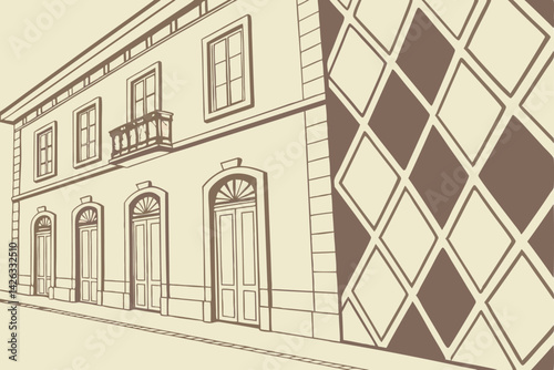 Artistic illustration of a two story building with geometric pattern wall