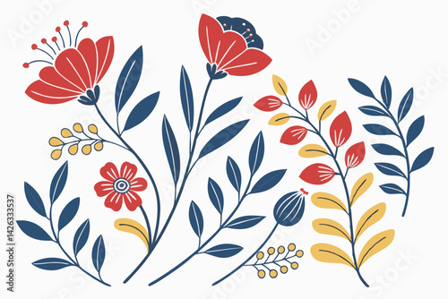 Folk art floral composition red flowers blue leaves and yellow accents
