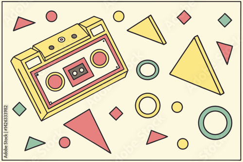 Retro cassette tape with geometric shapes in pastel colors flat design