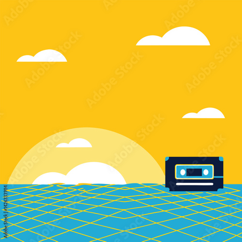 Retro cassette tape on grid surface with sunset in background illustration
