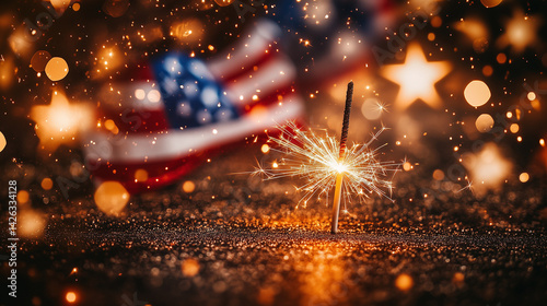 Red, white, and blue sparklers glow with golden embers, starry bokeh lights behind, celebrating American Independence Day.

