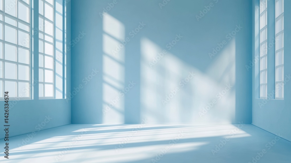 Fototapeta premium Sunlit empty room with large windows, pale blue walls and floor.