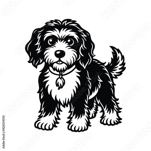 Adorable fluffy golden doodle silhouette isolated on white background