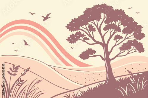 Serene landscape vector with birds,tree,rainbow and grassy hills in pastel hues