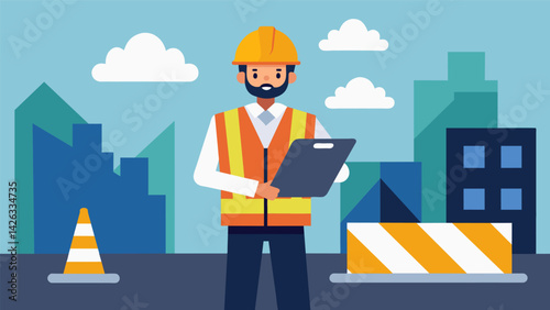 The foreman inspects the construction site for any potential hazards ensuring that all safety protocols are being followed.. Vector illustration