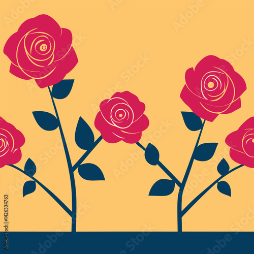 Stylized seamless pattern with red roses and deep blue leaves design element