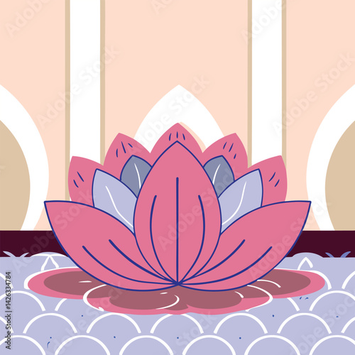 Stylized pink lotus flower illustration with water background in flat vector style