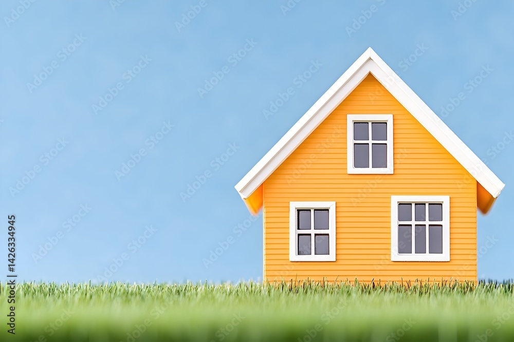 Miniature yellow house on green grass against a blue sky Miniature yellow house on green grass against a blue sky