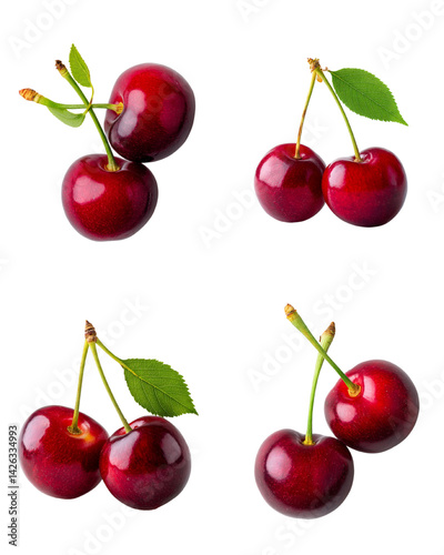 Isolated on white, hyperrealistic two cherry fruits with attached green stems, fresh and glossy texture,