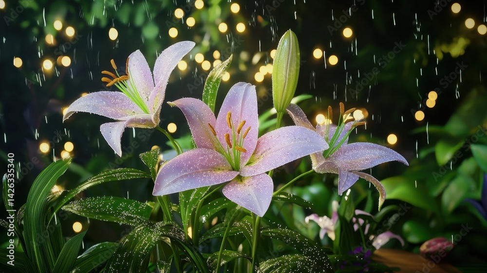 Close-up of blooming purple lilies in a mystical garden with glowing dew and radiant fairy lights