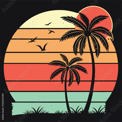 A tropical beach sunset silhouettes a lone figure near palm trees under a vibrant summer sky