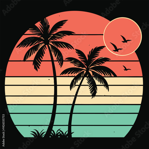 A tropical beach sunset silhouettes a lone figure near palm trees under a vibrant summer sky