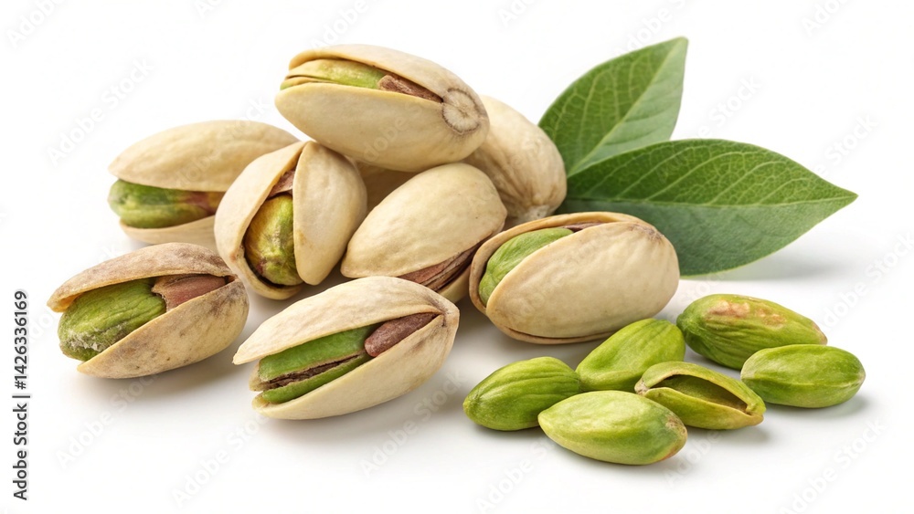 A close up shot of a pile of pistachios with shells and a leaf on a white background surface created with generated ai A close up shot of a pile of pistachios with shells and a leaf on a white background surface created with generated ai