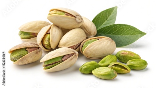 A close up shot of a pile of pistachios with shells and a leaf on a white background surface created with generated ai