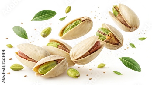 A vibrant display of pistachios and green leaves against a clean white background in studio shot created with generated ai