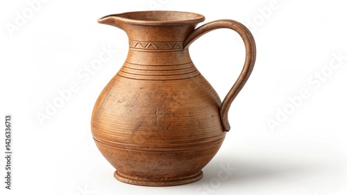 A rustic brown clay pitcher with a handle and spout on a white background in a studio setting created with generated ai
