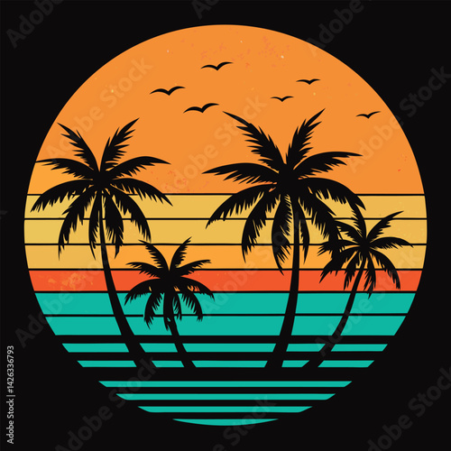 A tropical beach sunset silhouettes a lone figure near palm trees under a vibrant summer sky