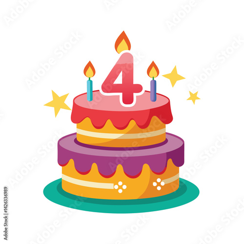 Birthday cake with 4 candles vector illustration isolated on white background