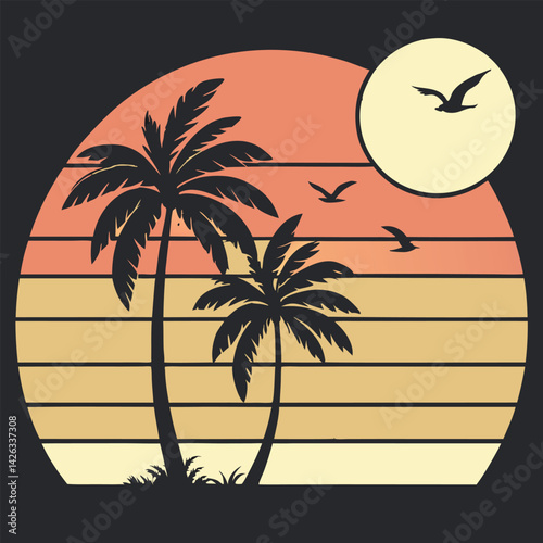 A tropical beach sunset silhouettes a lone figure near palm trees under a vibrant summer sky