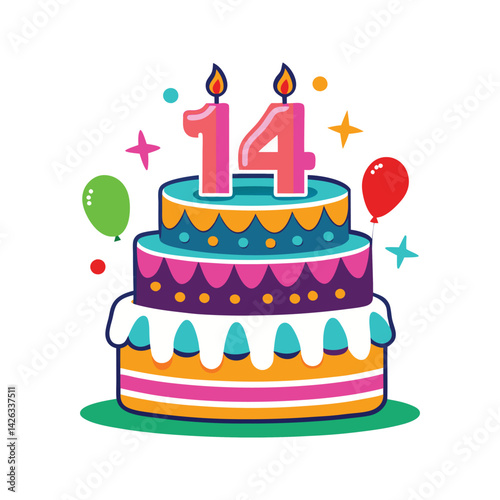 Birthday cake with 14 candles vector illustration isolated on white background