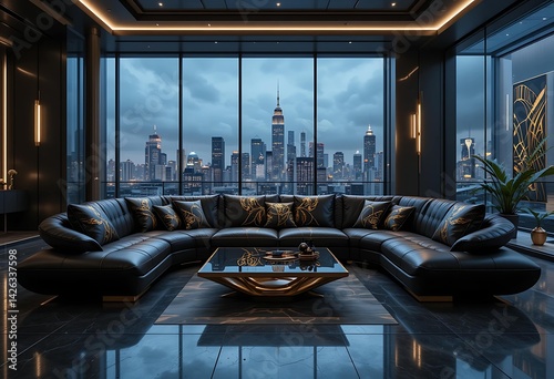 Luxury Living Room Interior With Black Leather Sofa, Coffee Table And City View. 3d Rendering