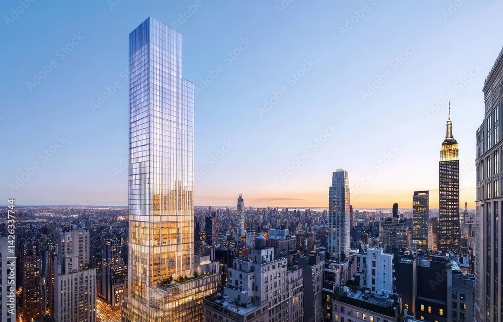 Obraz premium Modern skyscraper dominates city skyline at sunset