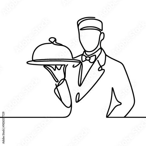 Waiter Line Drawing, Continuous Line Art Serving Dish for Restaurant Logos, Minimalist Menu Designs, Catering Service Invitations, and Elegant Dining Illustrations