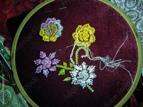Exquisite Hand Embroidered Floral Tapestry on Maroon Fabric