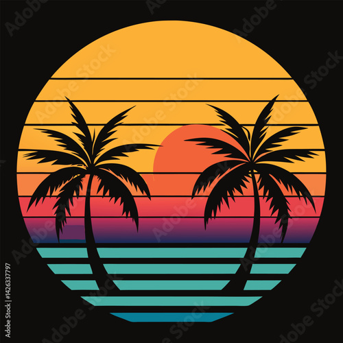 A tropical beach sunset silhouettes a lone figure near palm trees under a vibrant summer sky